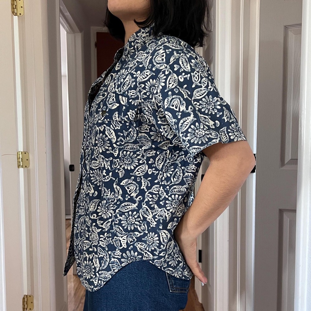 vintage 90s blue floral short sleeve‎ button down cotton shirt Petite small - Picture 4 of 12
